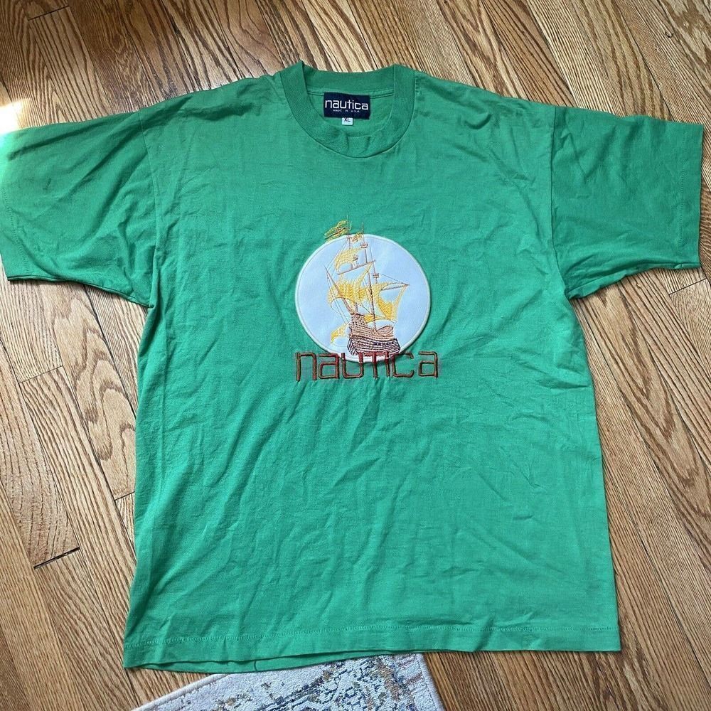 Nautica Competition Vintage Mens T-Shirt XL Green Patch Embroidered Made in USA!